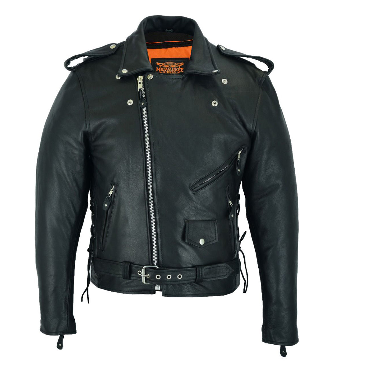 Mens Classic Police Style Motorcycle Jacket Side Laces By Milwaukee Riders®, Premium Cowhide Leather