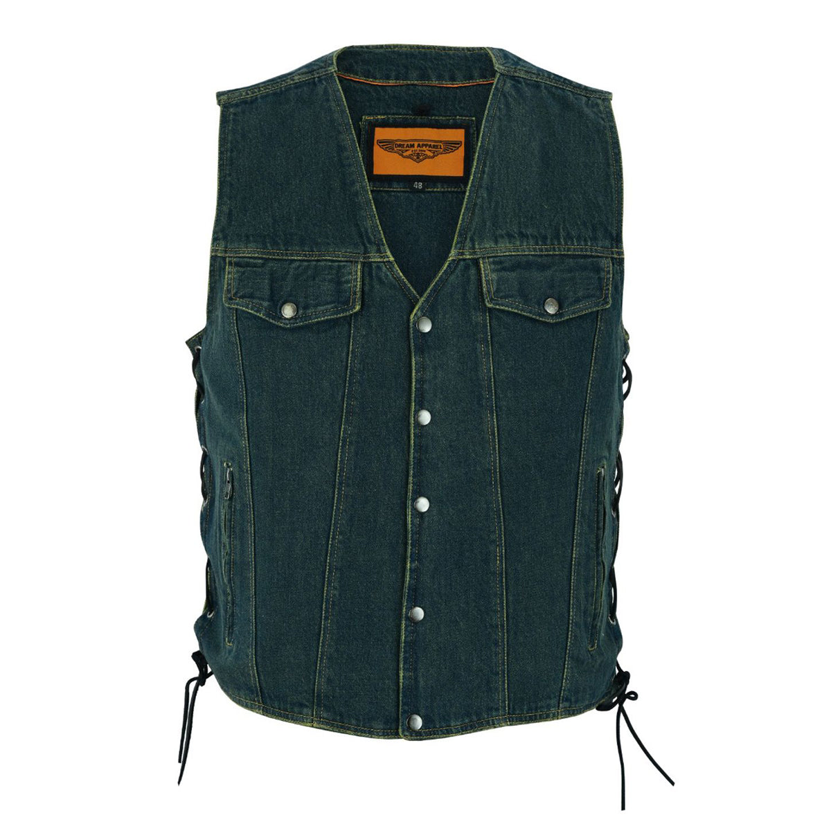Motorcycle Denim Vest Side Laces V-collar Front Zipper Pockets