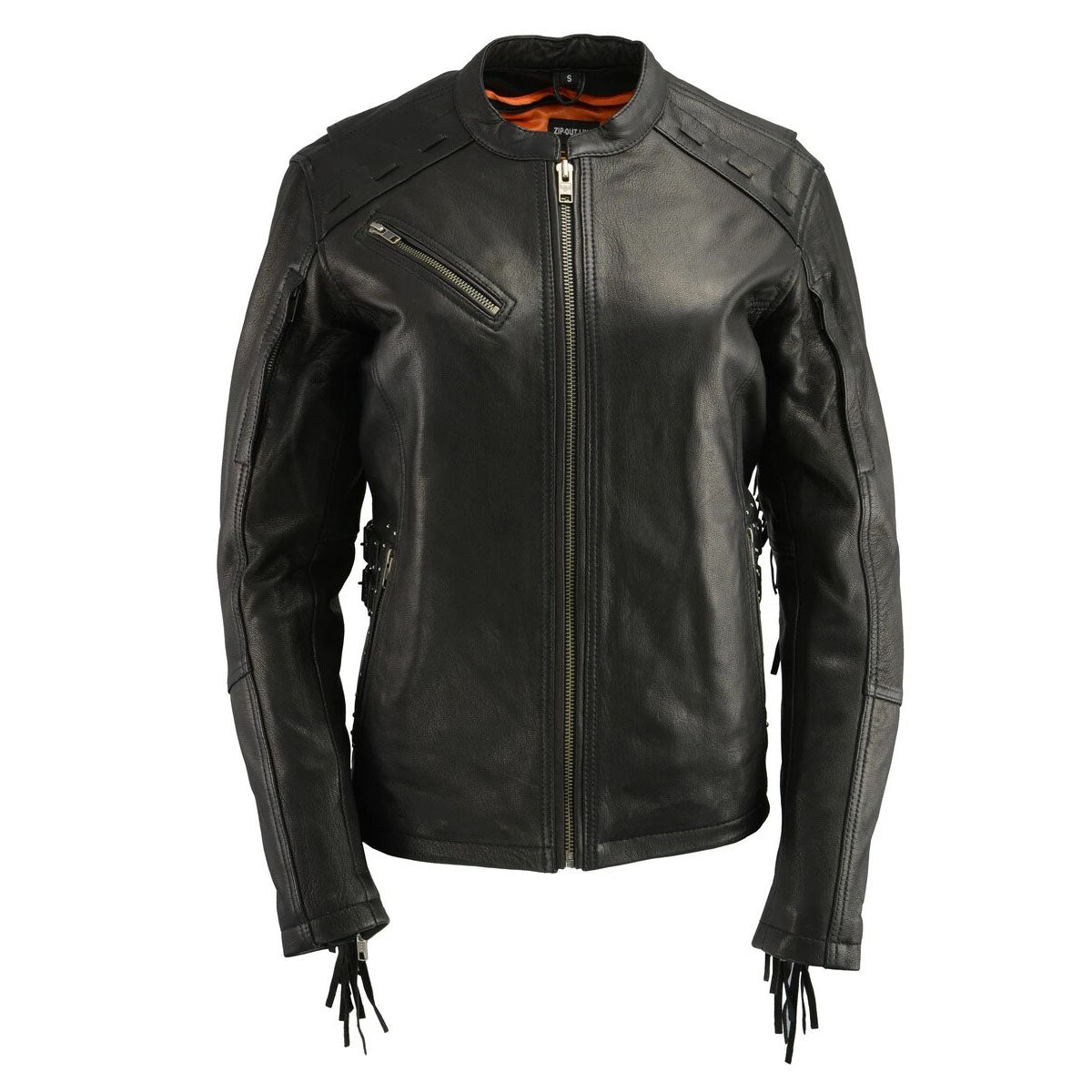 Women's Lightweight Fringed Black Leather Racer Jacket with Dual Gun Pockets