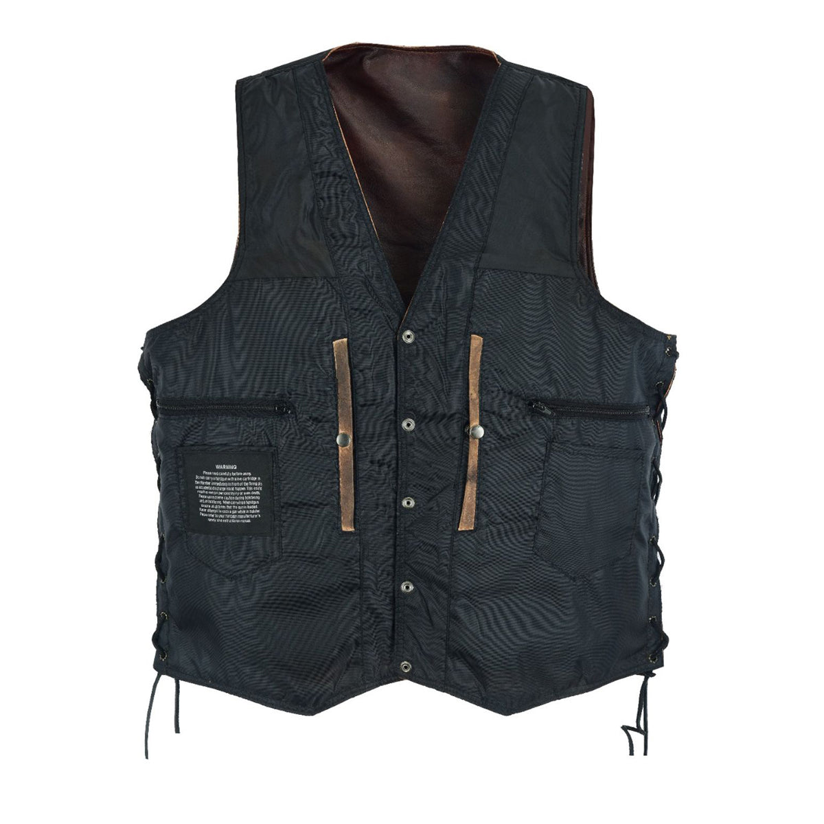 en Pocket Brown Premium Naked Cowhide Leather Riding Vest side laces & gun pocket