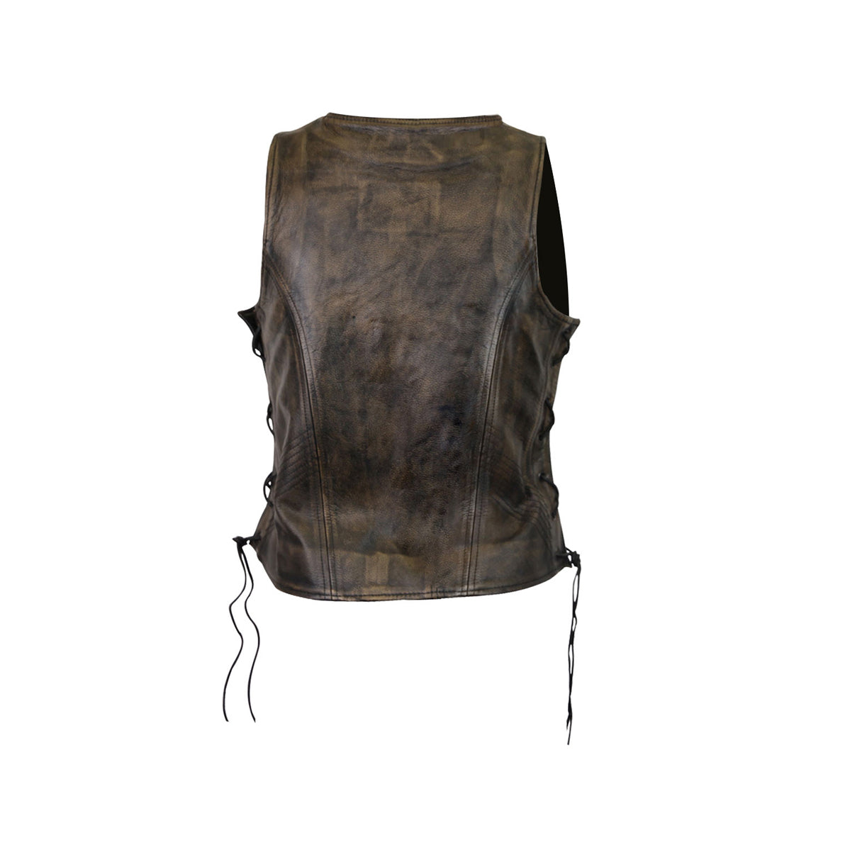 VANCE LEATHER HIGH MILEAGE LADIES DISTRESSED BROWN LACE SIDE VEST