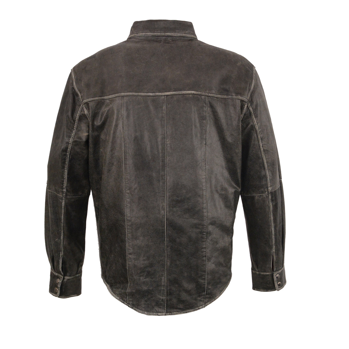 MEN’S DISTRESSED GREY LIGHTWEIGHT LEATHER SNAP FRONT SHIRT