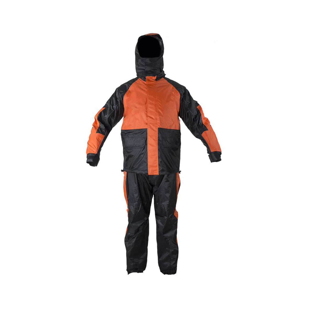 Two-Piece Black & Orange Rain Suit With Zippered Side Seams