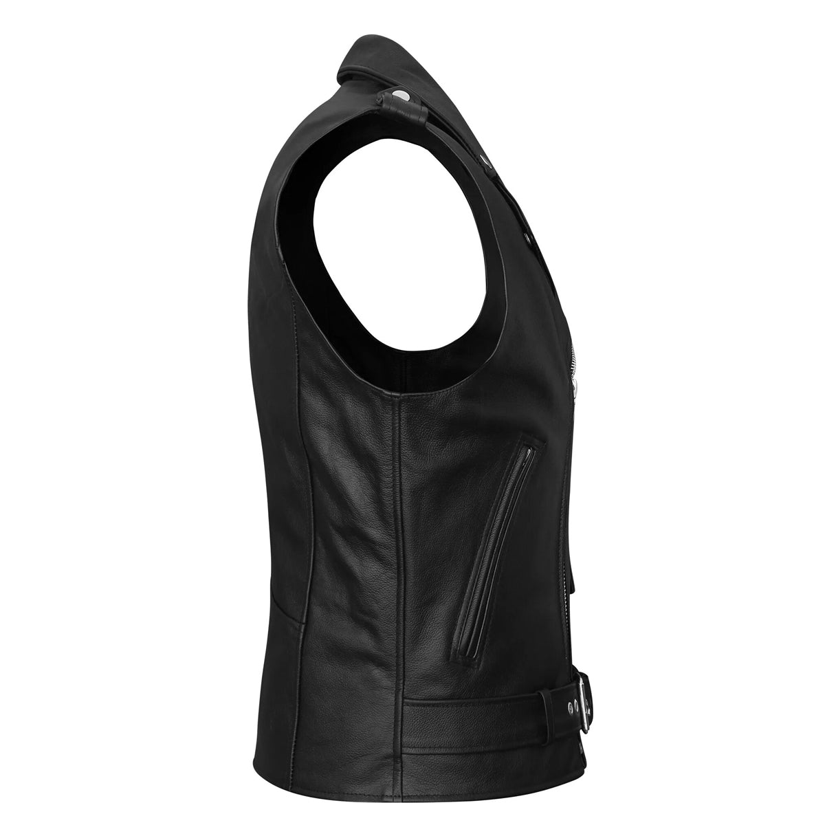 Men's Premium Naked Leather Classic Motorcycle Vest Plain Side & Belted Waist