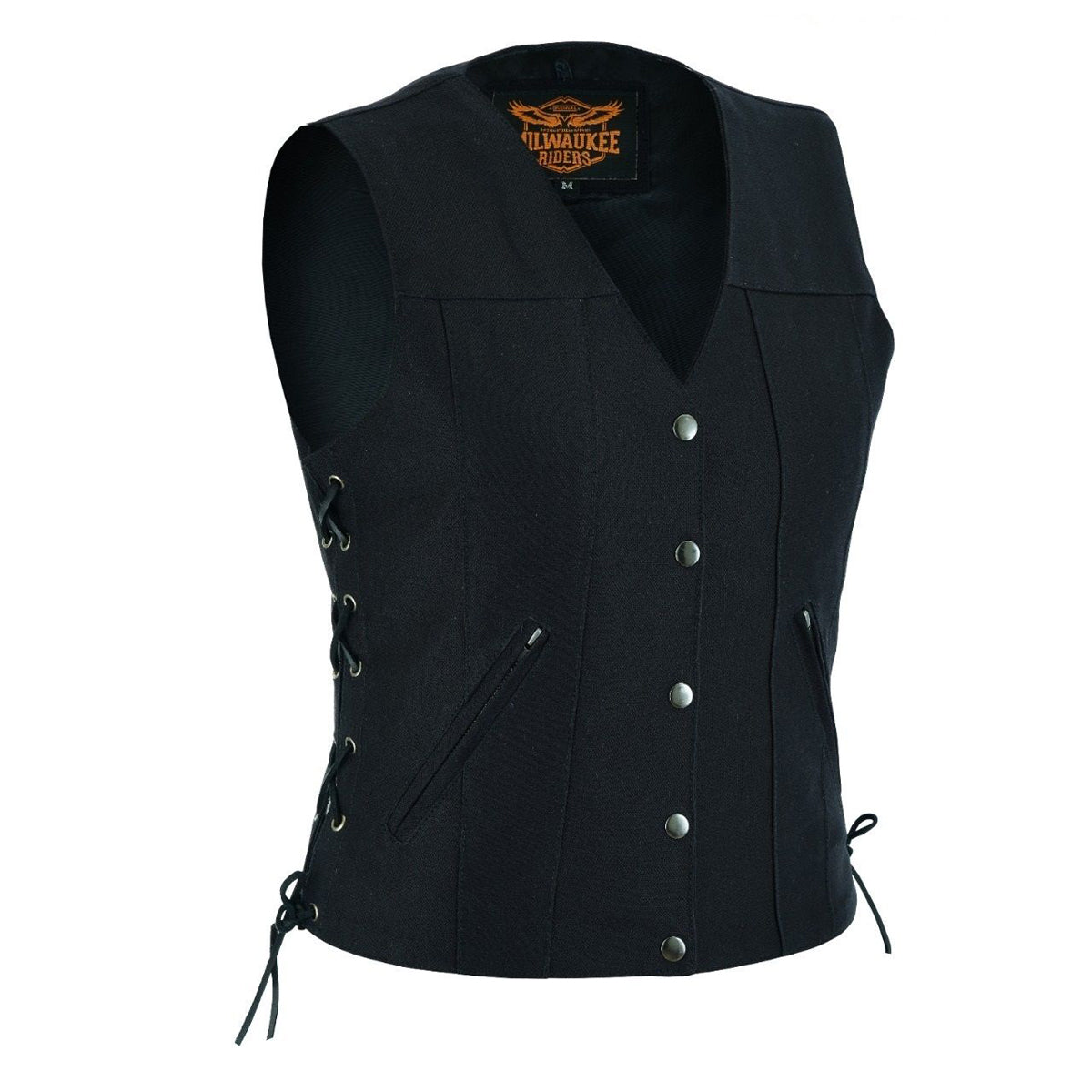 Ladies Black Denim, Side Laces 5 Snap Front Denim Vest