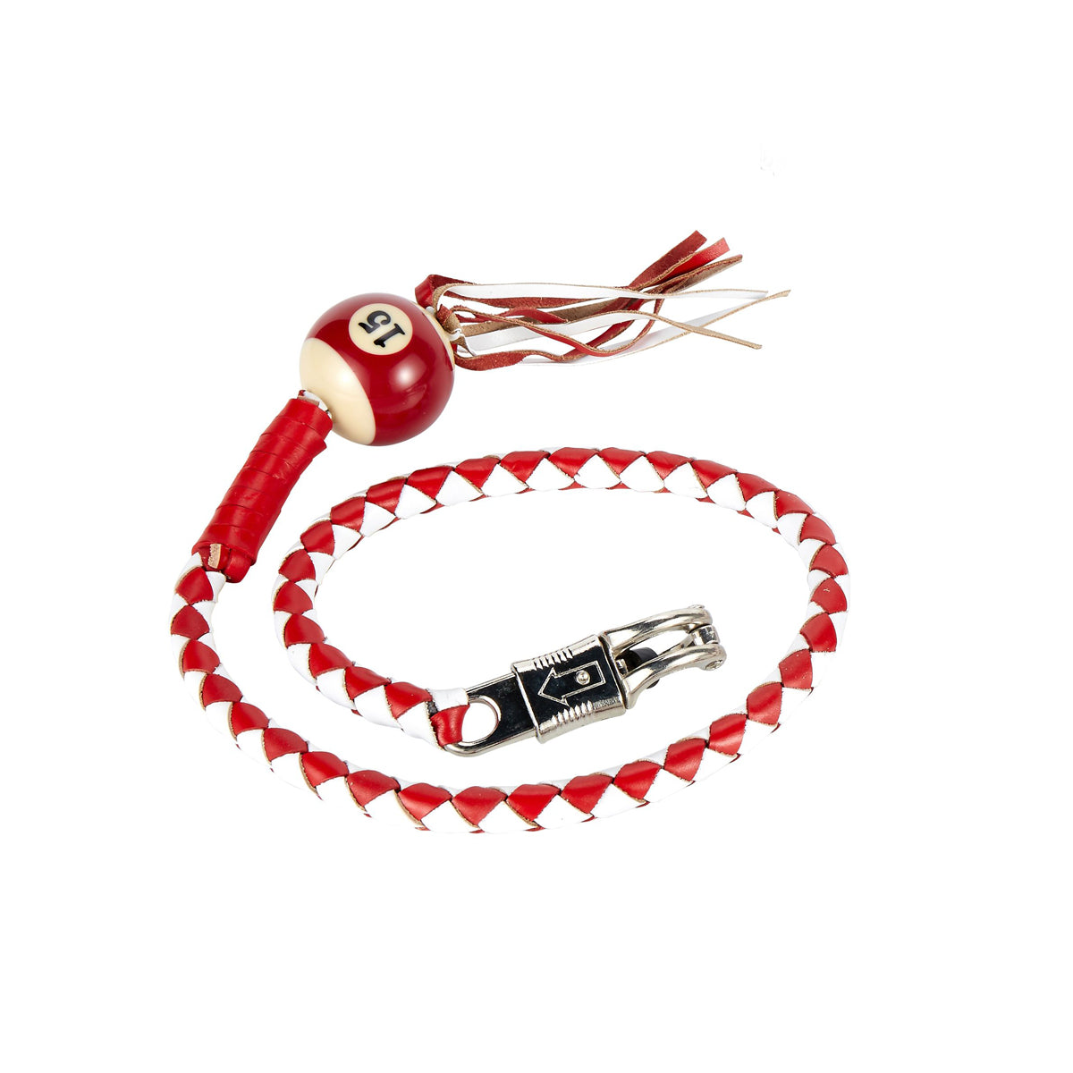 White And Red Fringed Get Back Whip W/ Pool Ball