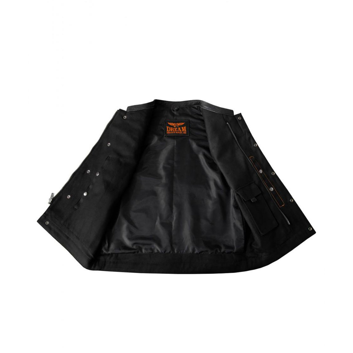 Mens Black Denim & Leather Motorcycle Club Vest Orange Thread Zipper Front, Diamond Padding