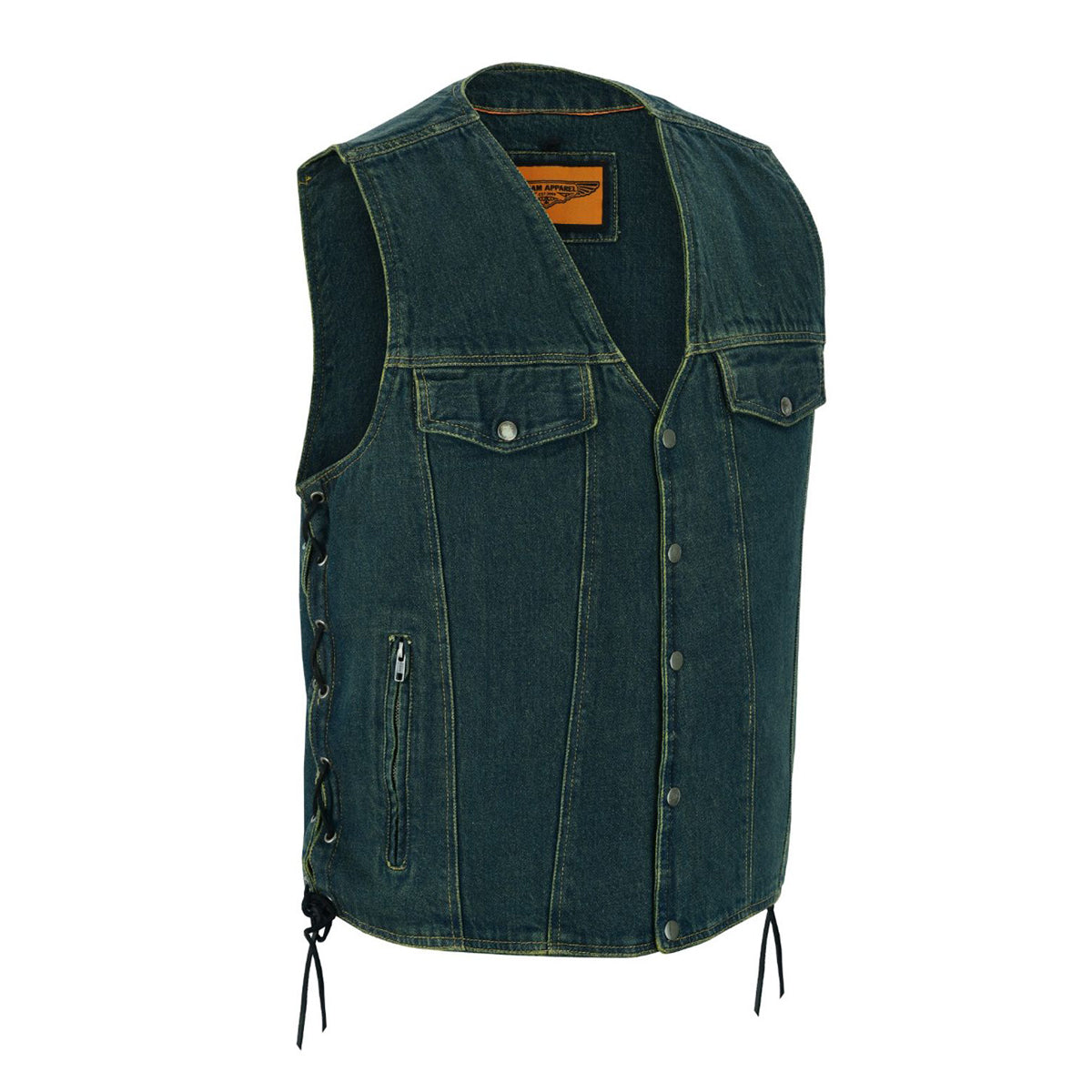 Motorcycle Denim Vest Side Laces V-collar Front Zipper Pockets