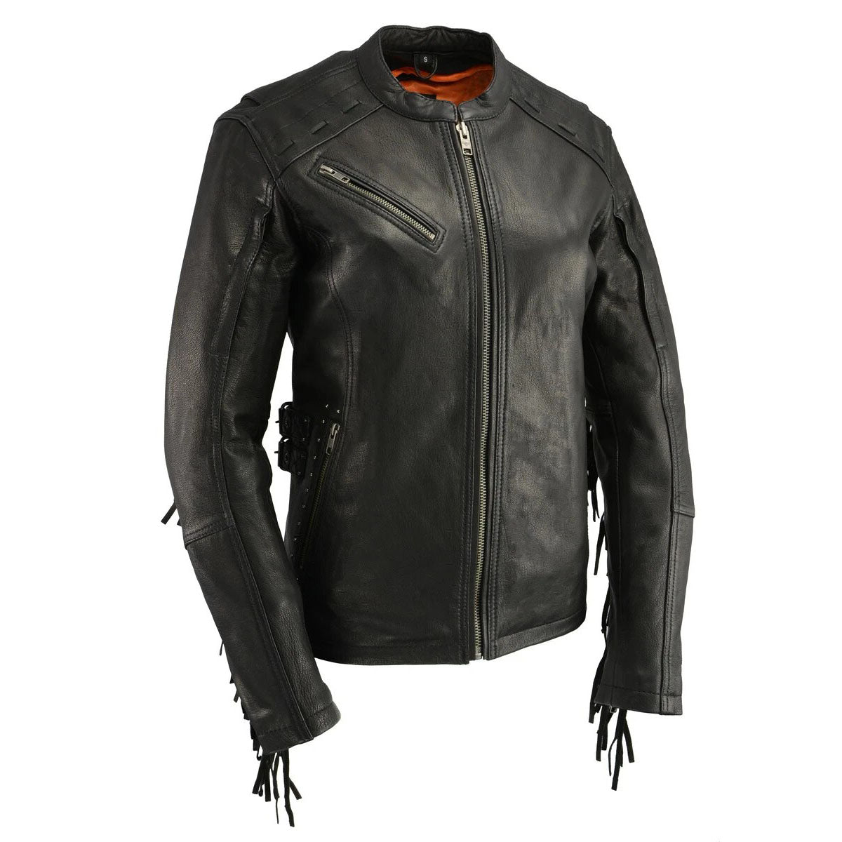 Women's Lightweight Fringed Black Leather Racer Jacket with Dual Gun Pockets