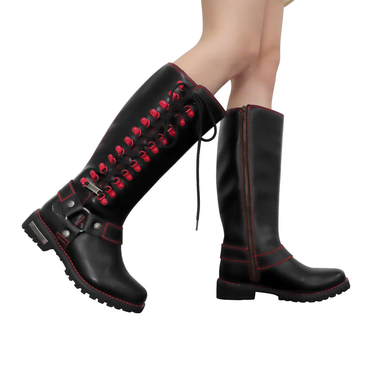 Milwaukee Riders Women Biker Long Boots with Red Laces