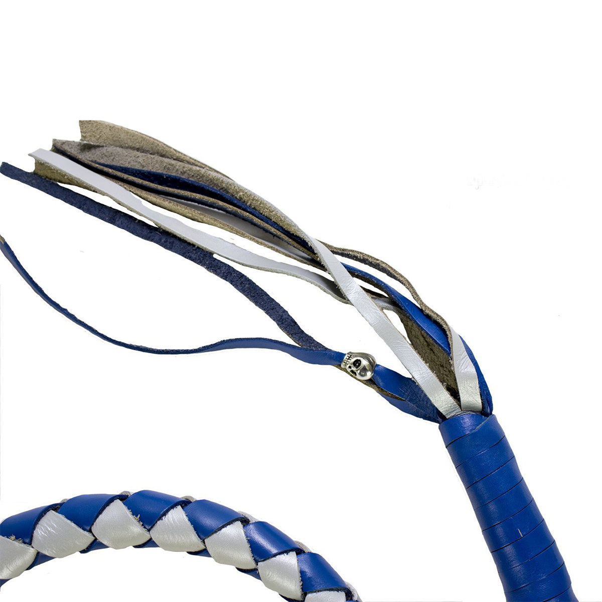 3" Thick Hand-Braided Leather Get Back Whip - Blue/Silver