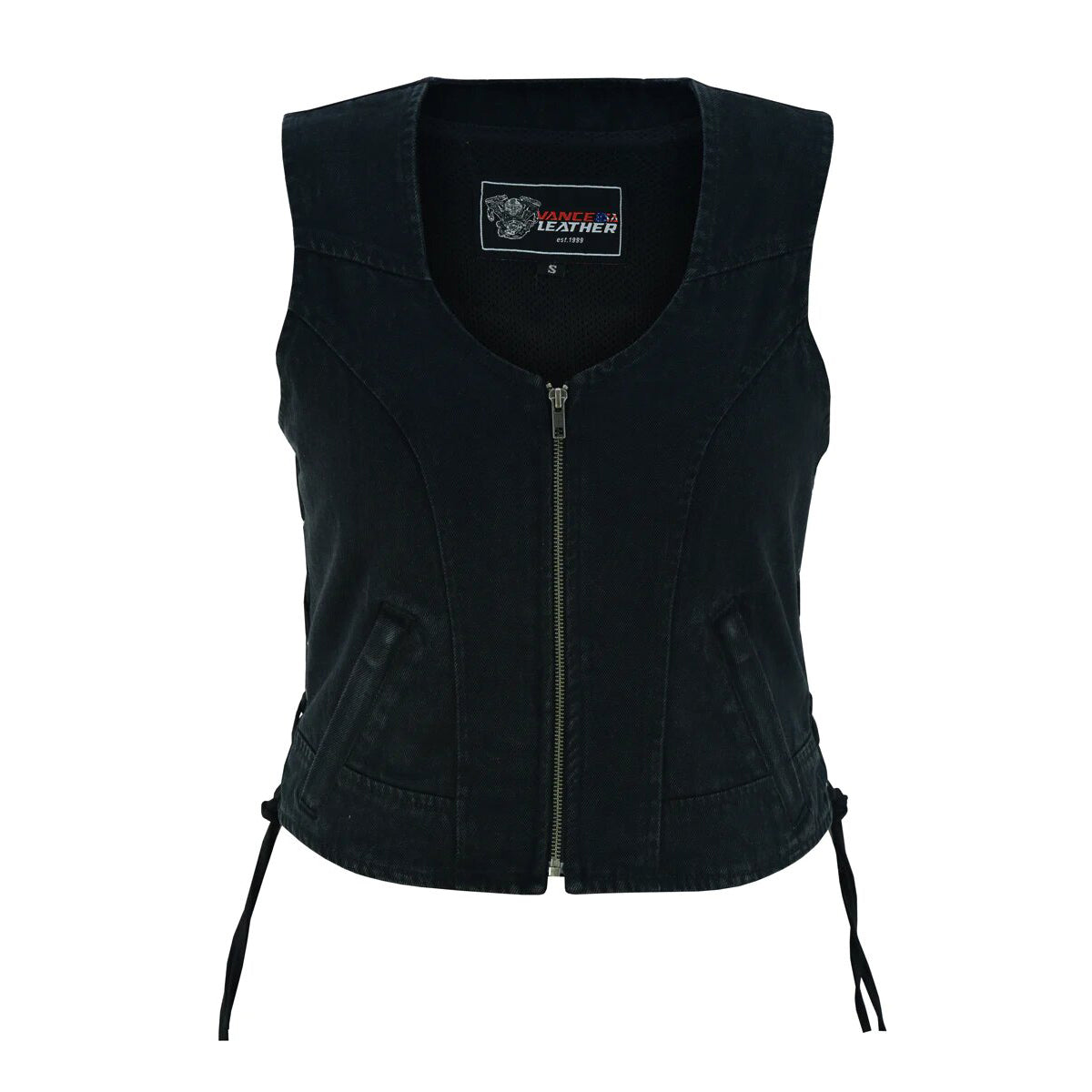 Women's Black & Blue Denim V Neck Vest with Zipper & side laces