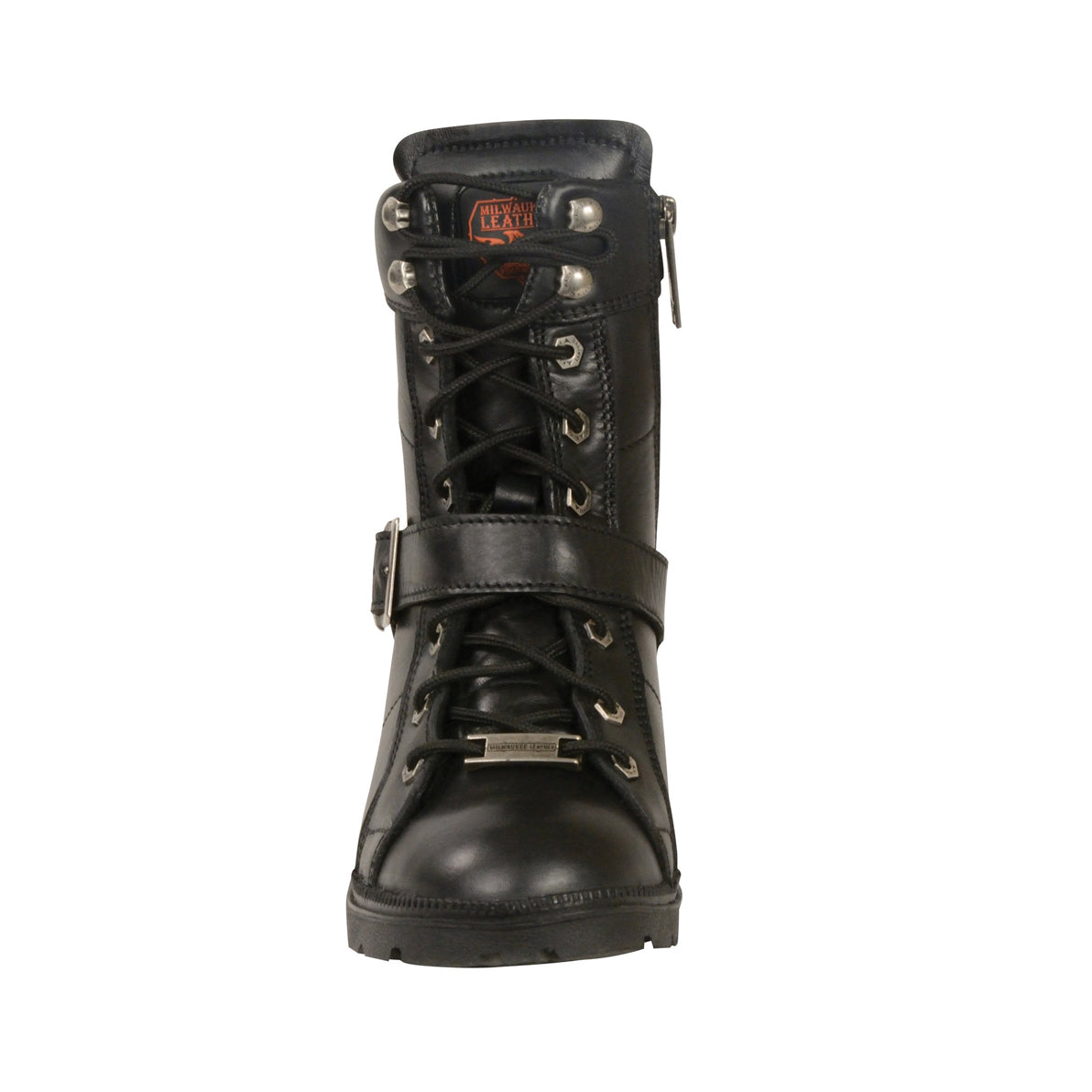 LADIES MOTORCYCLE LACE TO TOE SIDE BUCKLE LEATHER BOOT W/ PLAIN TOE