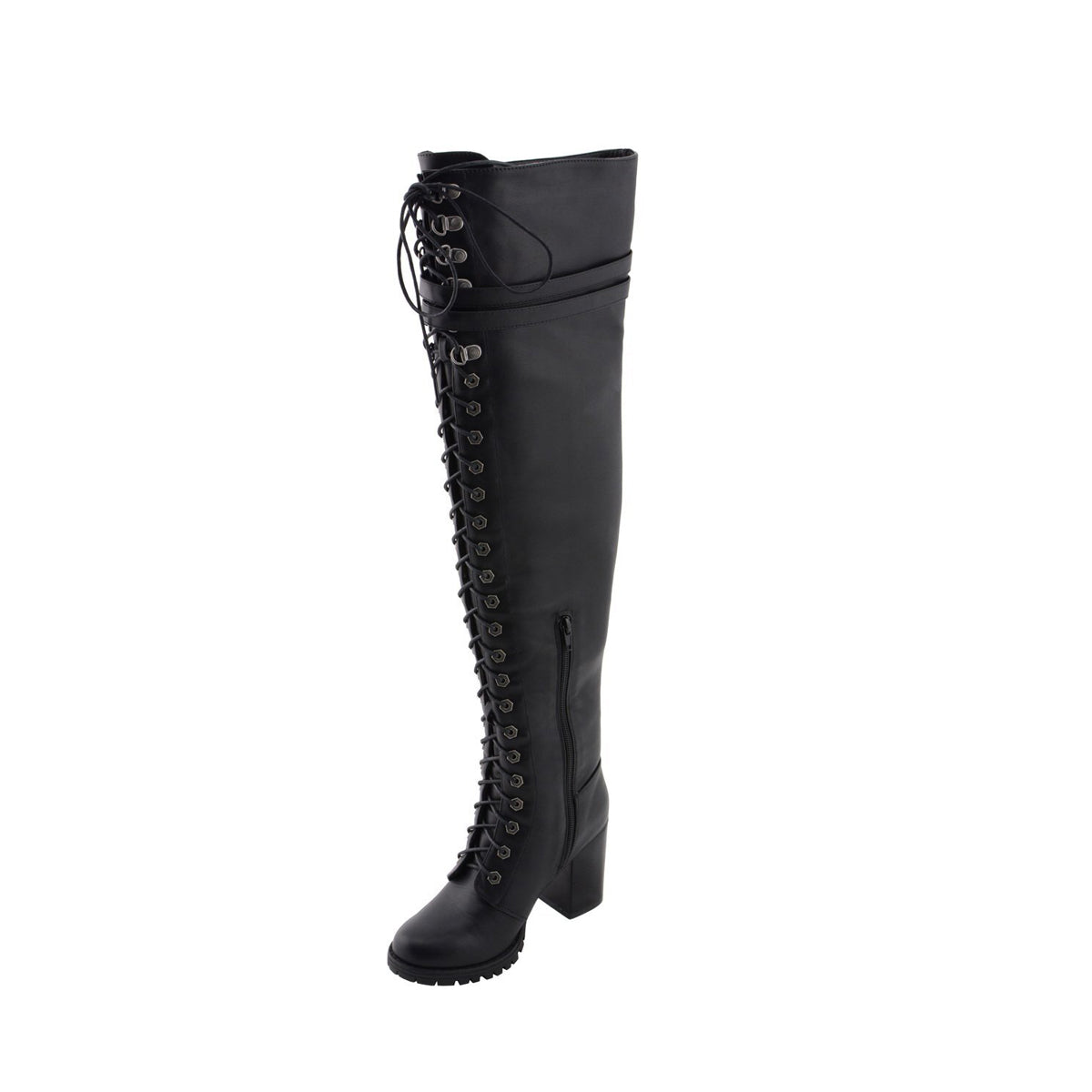 Womens Black Above the Knee Boots with Lace-Up Closure