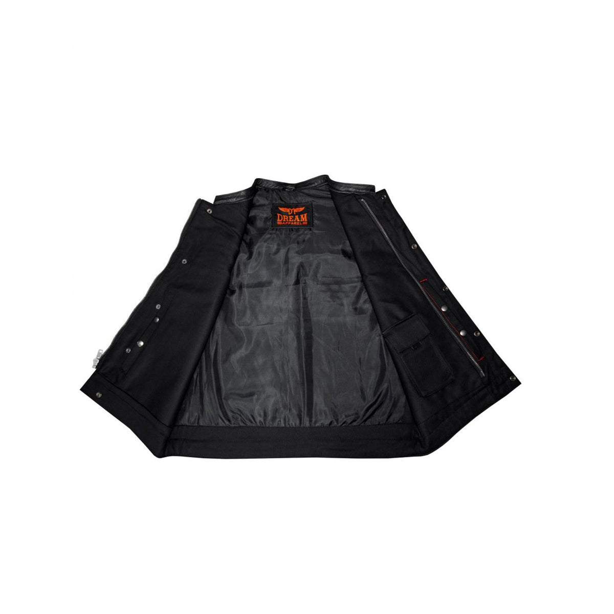 Mens Black Denim & Leather Motorcycle Club Vest Red Thread Zipper Front, Diamond Padding