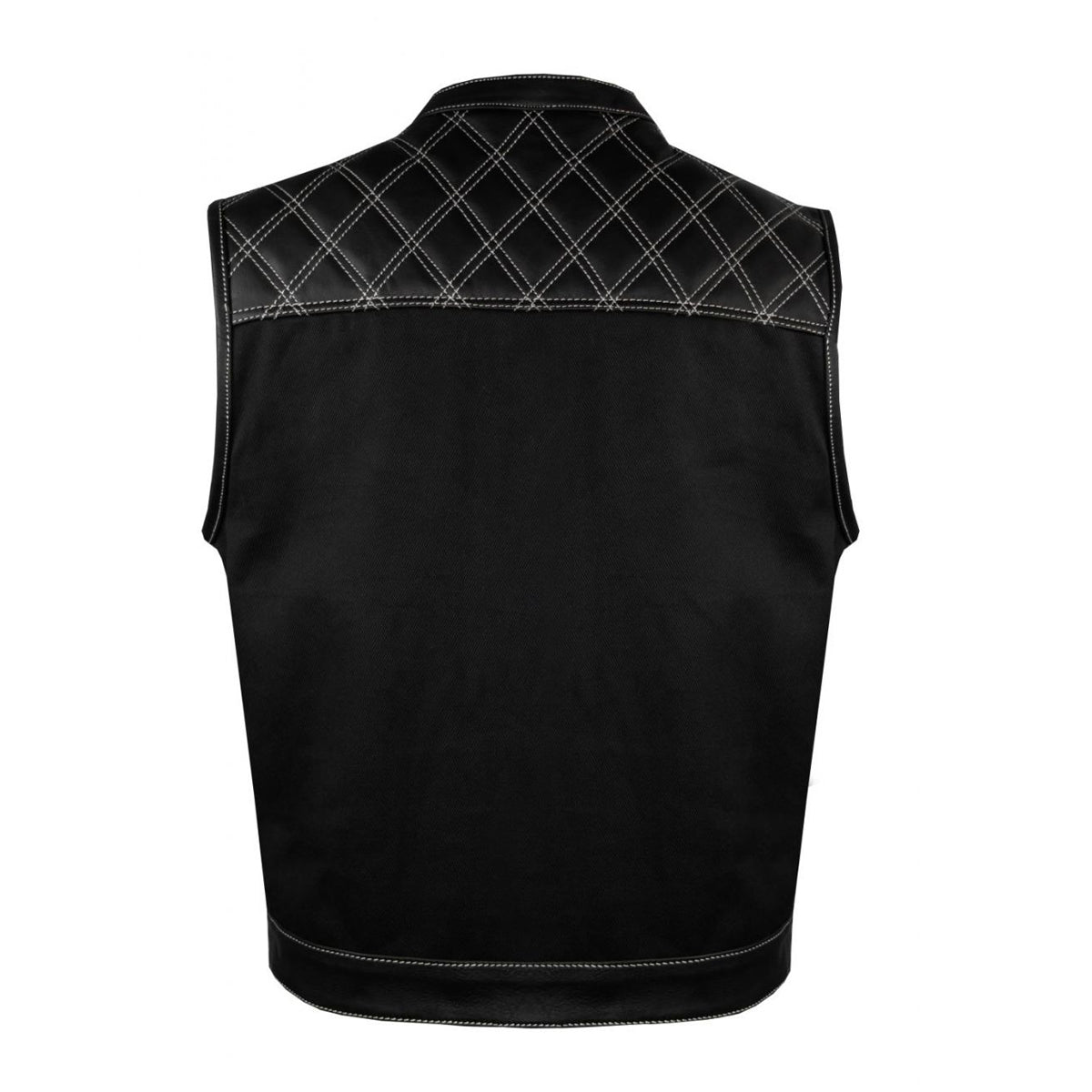 Mens Black Denim & Leather Motorcycle Club Vest White Thread Zipper Front, Diamond Padding