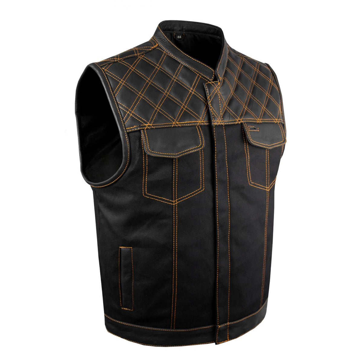 Mens Black Denim Leather Motorcycle Club Vest Orange Thread Zipper Front, Diamond Padding