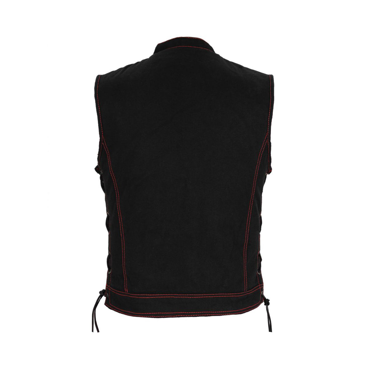 Mens SOA Style Motorcycle Club Vest® Black Denim Conceal Gun Pockets Side Laces Red Thread Red Liner
