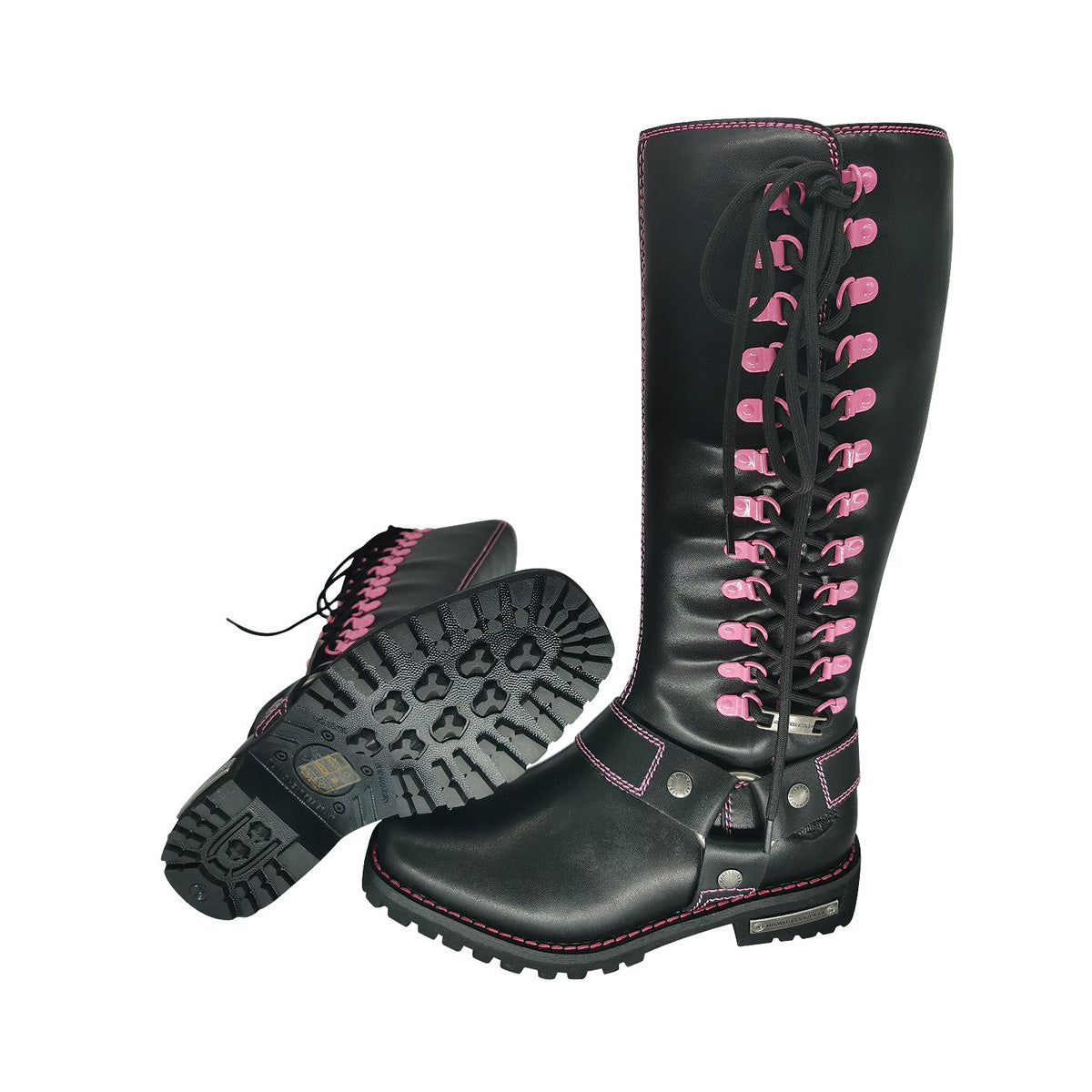 Milwaukee Riders Women Biker Long Boots with Pink Laces