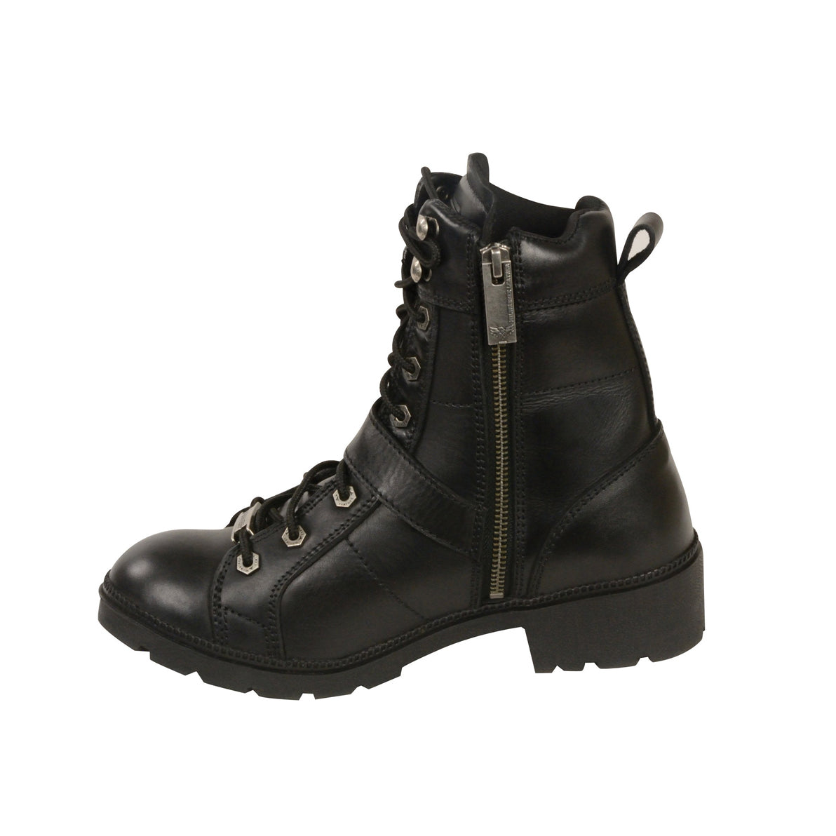 LADIES MOTORCYCLE LACE TO TOE SIDE BUCKLE LEATHER BOOT W/ PLAIN TOE