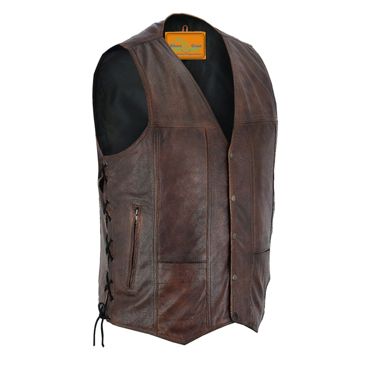 en Pocket Brown Premium Naked Cowhide Leather Riding Vest side laces & gun pocket