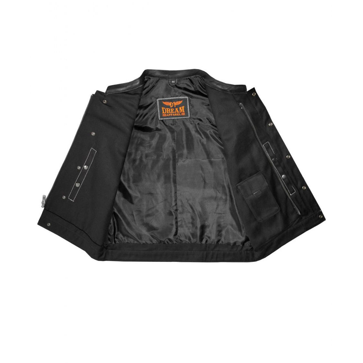 Mens Black Denim & Leather Motorcycle Club Vest White Thread Zipper Front, Diamond Padding