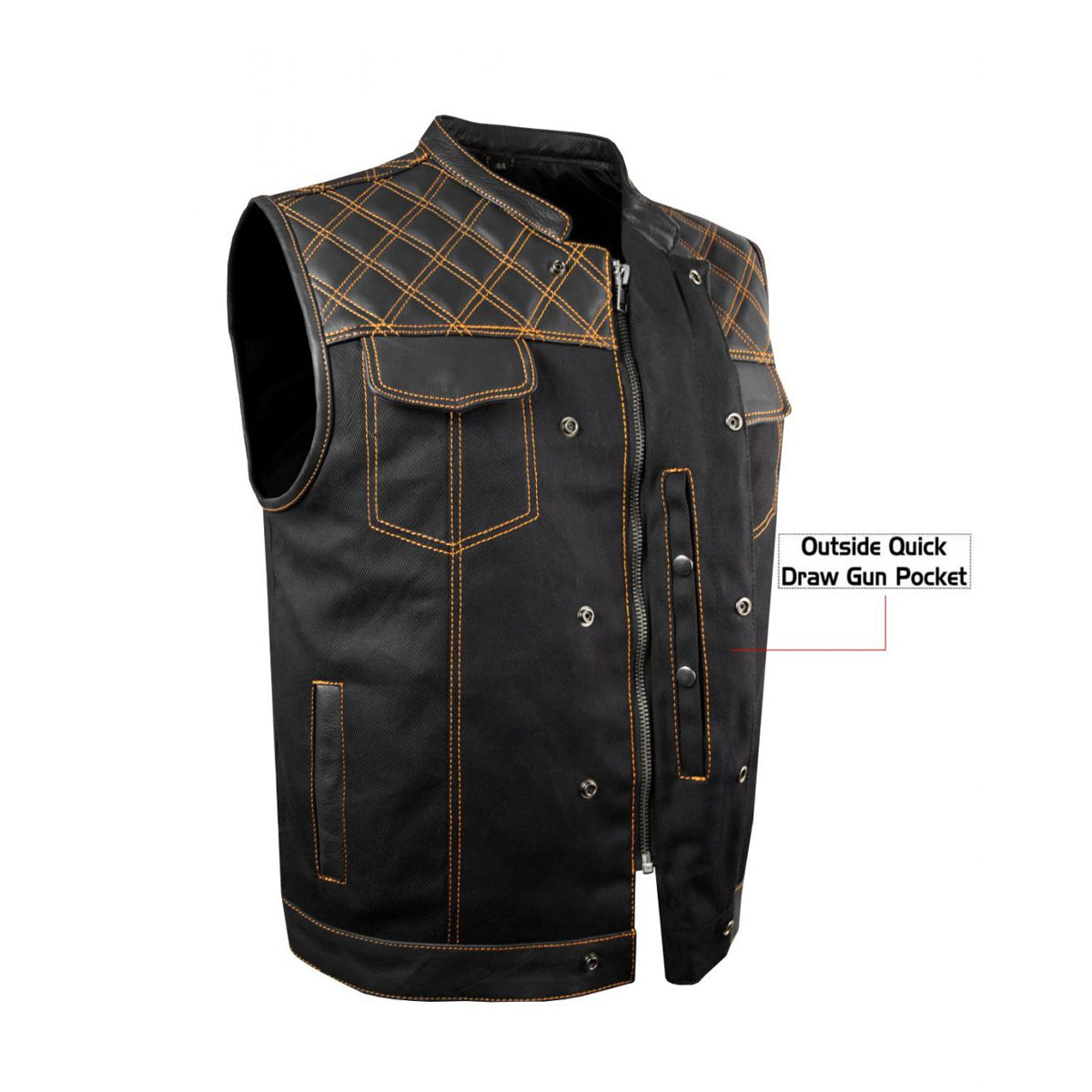 Mens Black Denim & Leather Motorcycle Club Vest Orange Thread Zipper Front, Diamond Padding