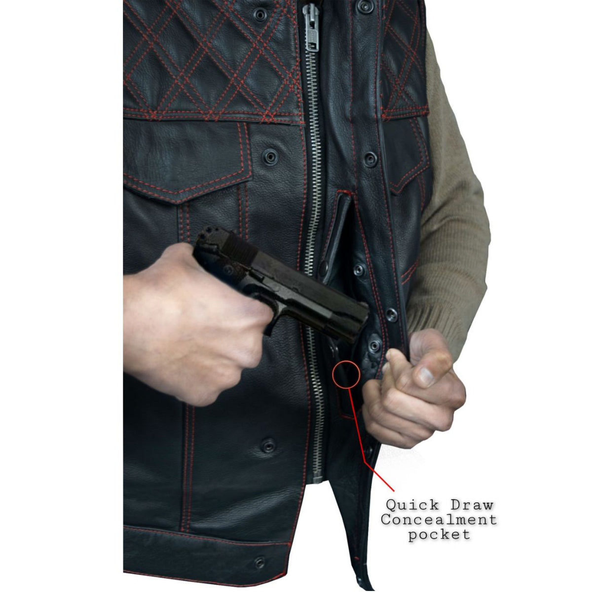 Mens Leather Club Vest Red Thread, Red Paisley Lining, Zipper Front, Diamond Padding