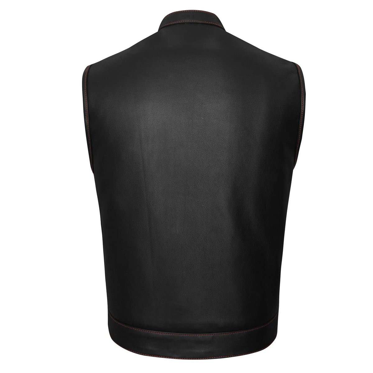 High Mileage Men's Zipper and Snap Closure Leather Club Vest with American Flag Liner and Red Stitching