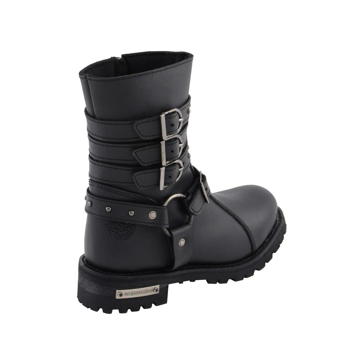 Womens 9 Inch Black Triple Buckle Leather Harness Boot with Side Zipper Entry