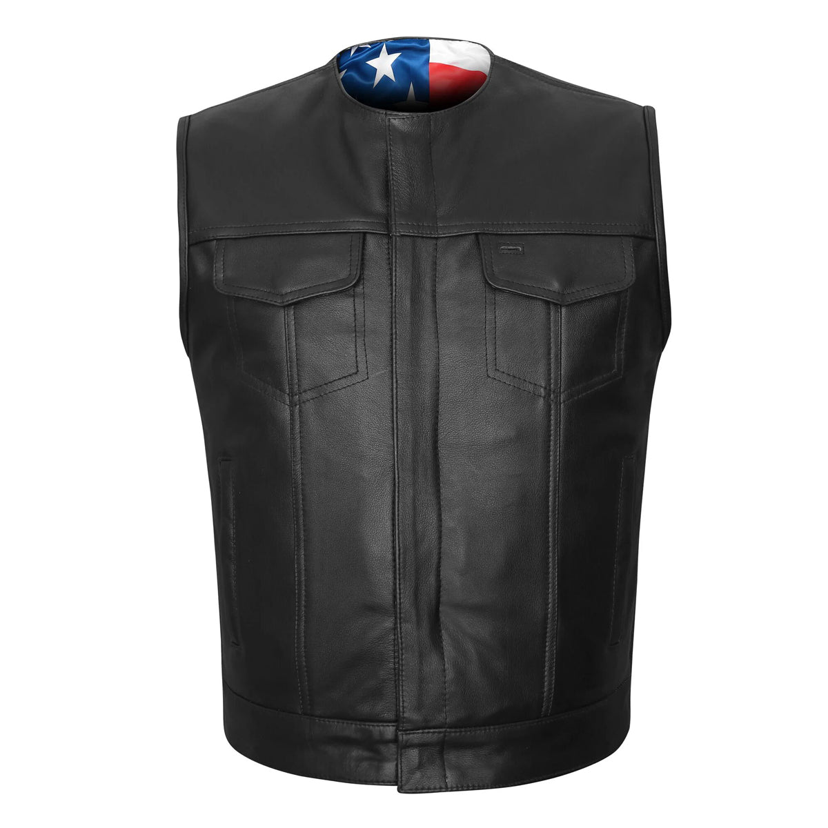 High Mileage Men's Zipper and Snap Closure Collarless Leather Club Vest with American Flag Liner