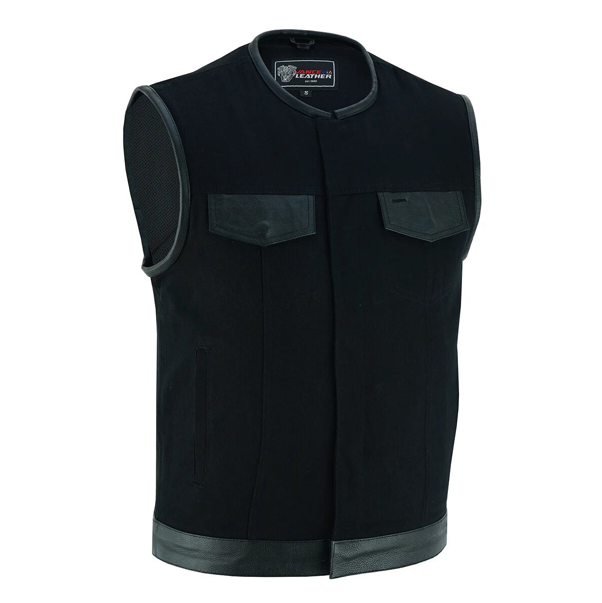 Denim Black Collarless Club Vest with Leather trims