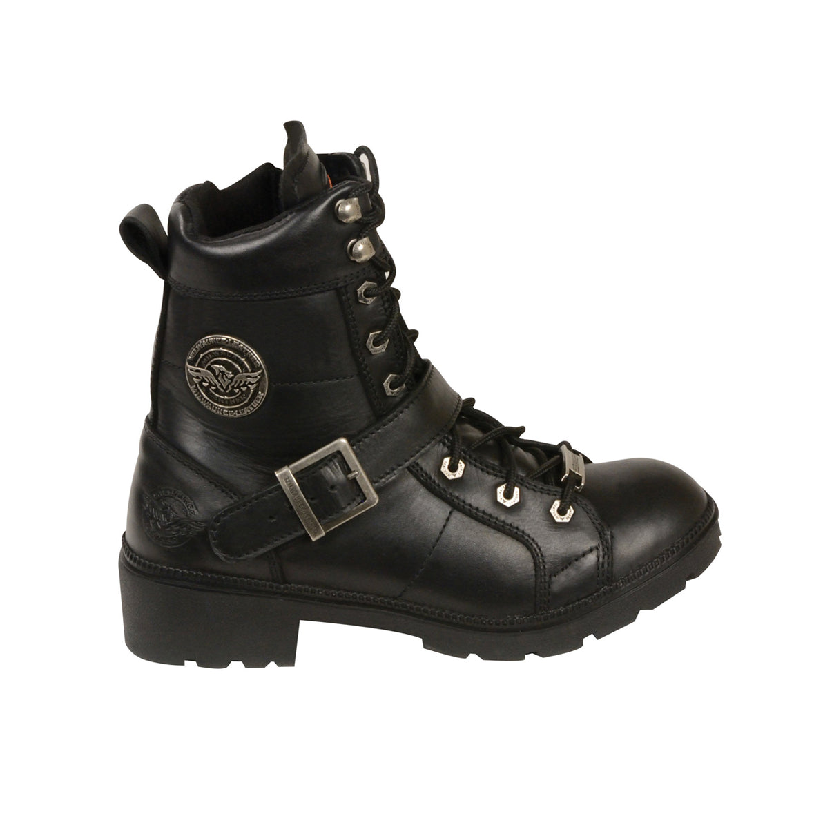 LADIES MOTORCYCLE LACE TO TOE SIDE BUCKLE LEATHER BOOT W/ PLAIN TOE