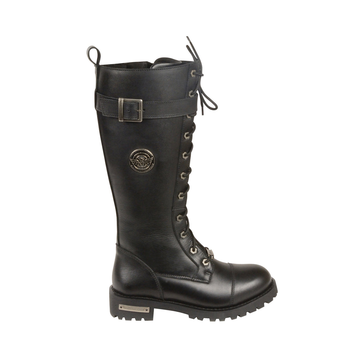 LADIES MOTORCYCLE 14 INCH LACE TO TOE HIGH RISE LEATHER BOOT W/ CALF BUCKLE