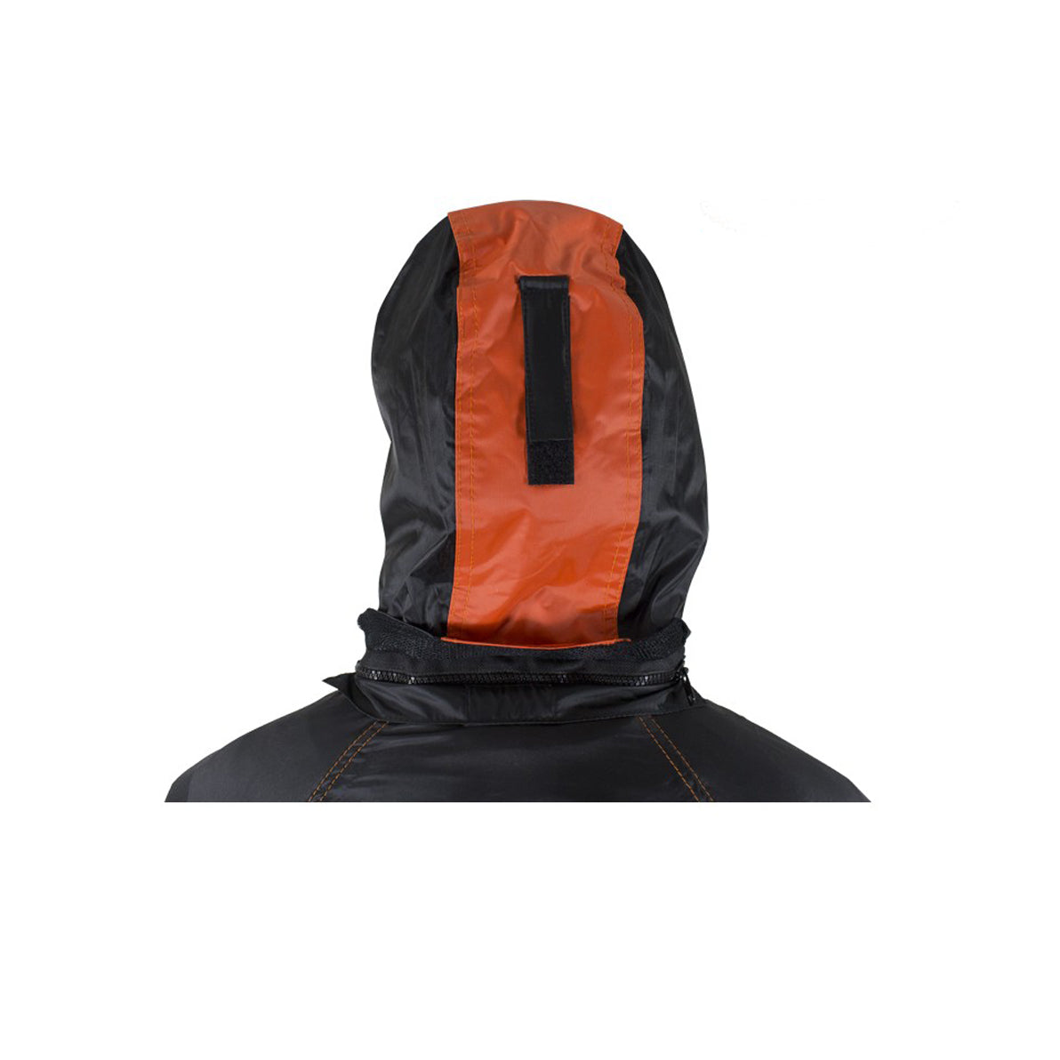 Two-Piece Black & Orange Rain Suit With Zippered Side Seams