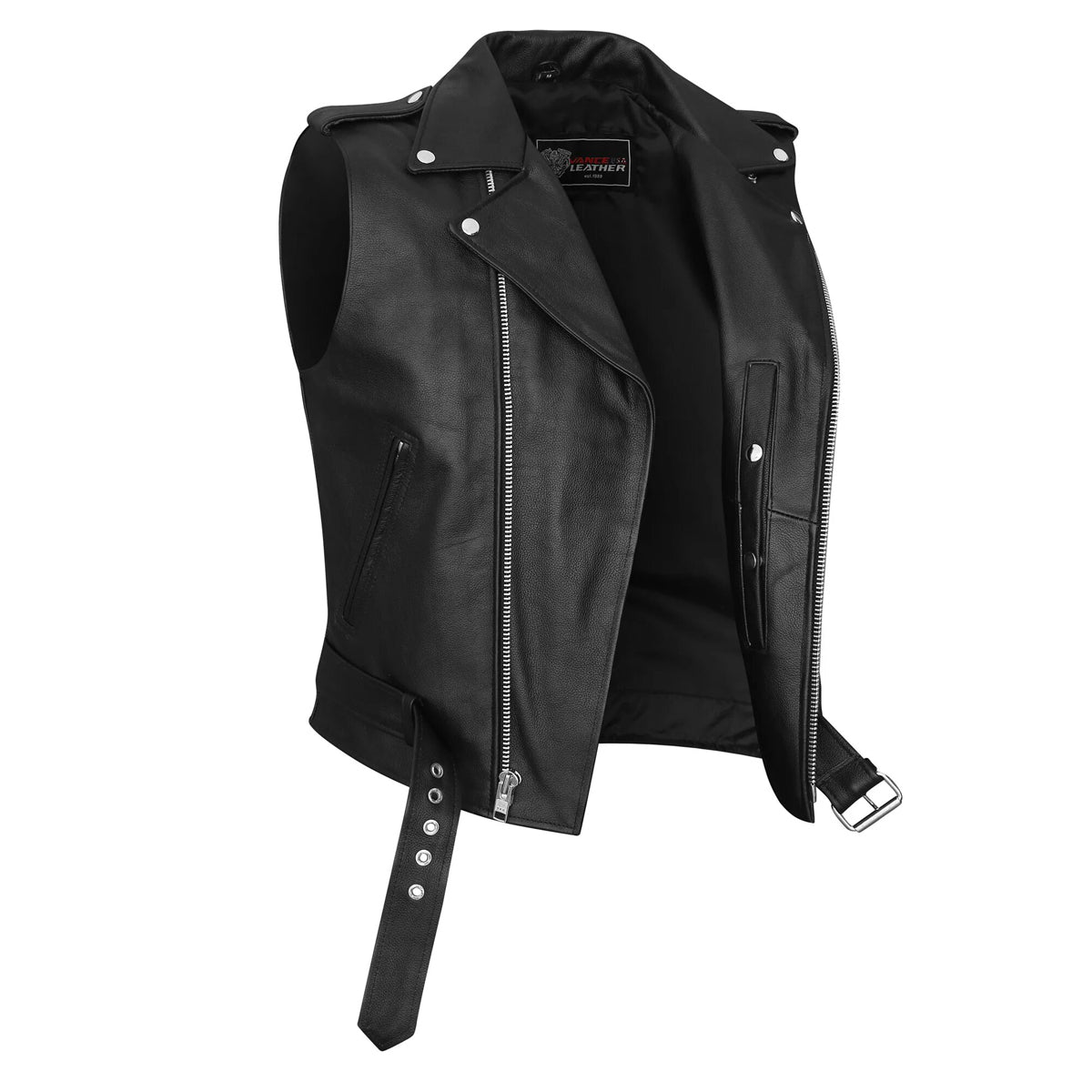 Men's Premium Naked Leather Classic Motorcycle Vest Plain Side & Belted Waist