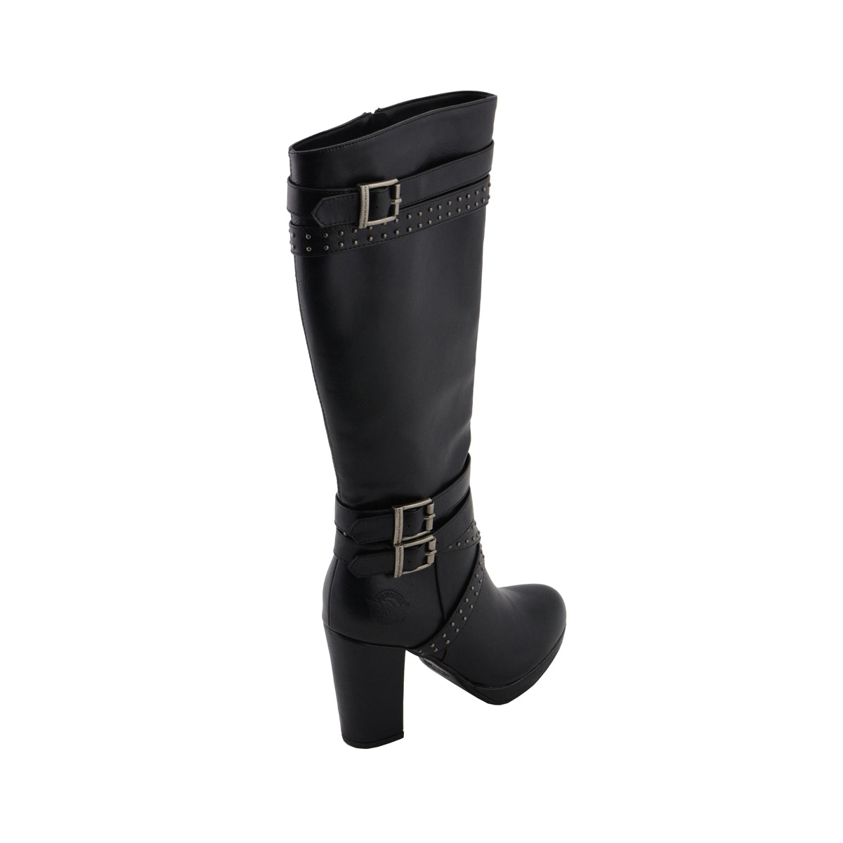 Womens Tall Black Studded Strap Boots with Platform Heel