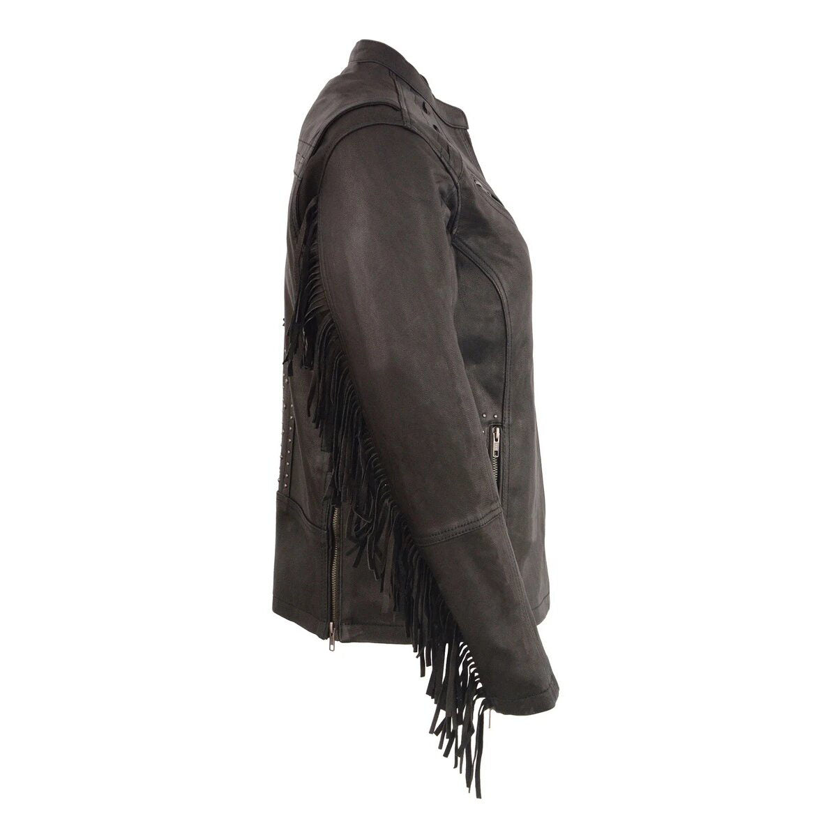 Women's Lightweight Fringed Black Leather Racer Jacket with Dual Gun Pockets