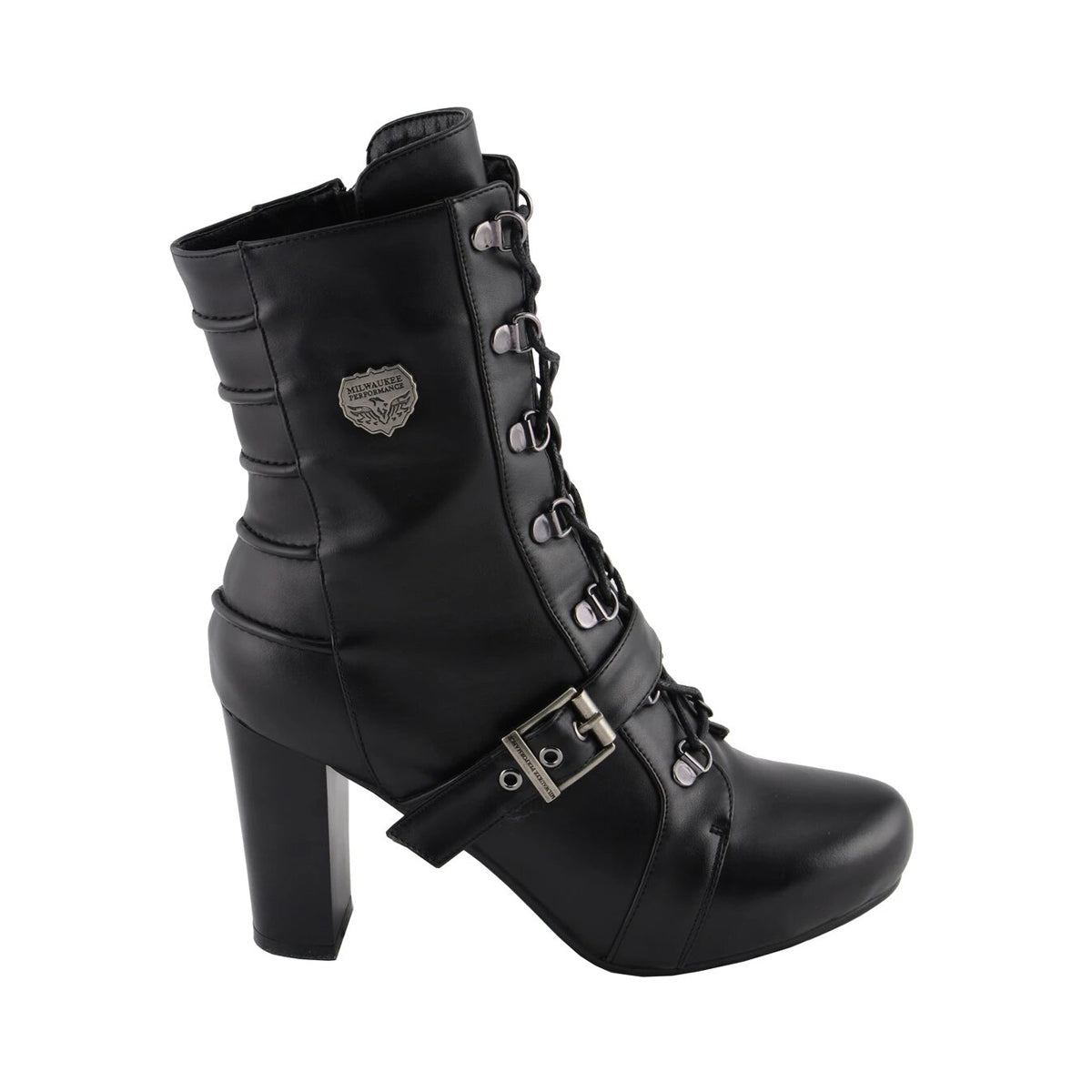 Womens Black Lace-Up Boots with Block Heel and Buckle Strap