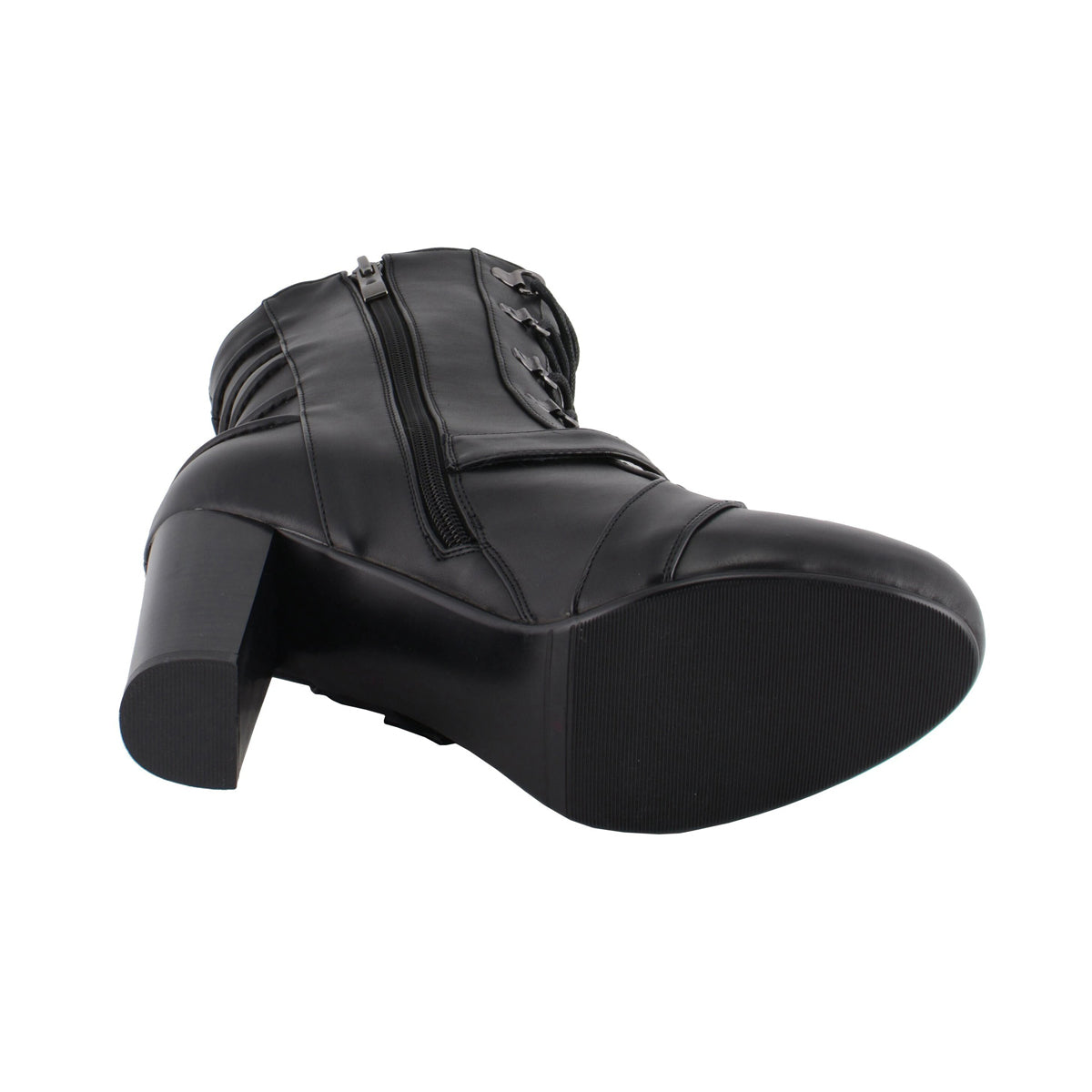 Womens Black Lace-Up Boots with Block Heel and Buckle Strap