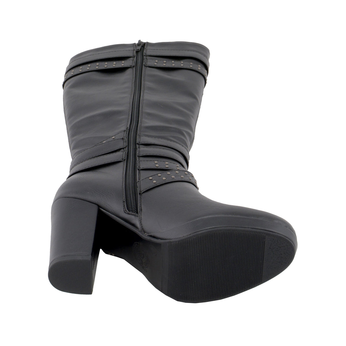 Womens Tall Black Studded Strap Boots with Platform Heel