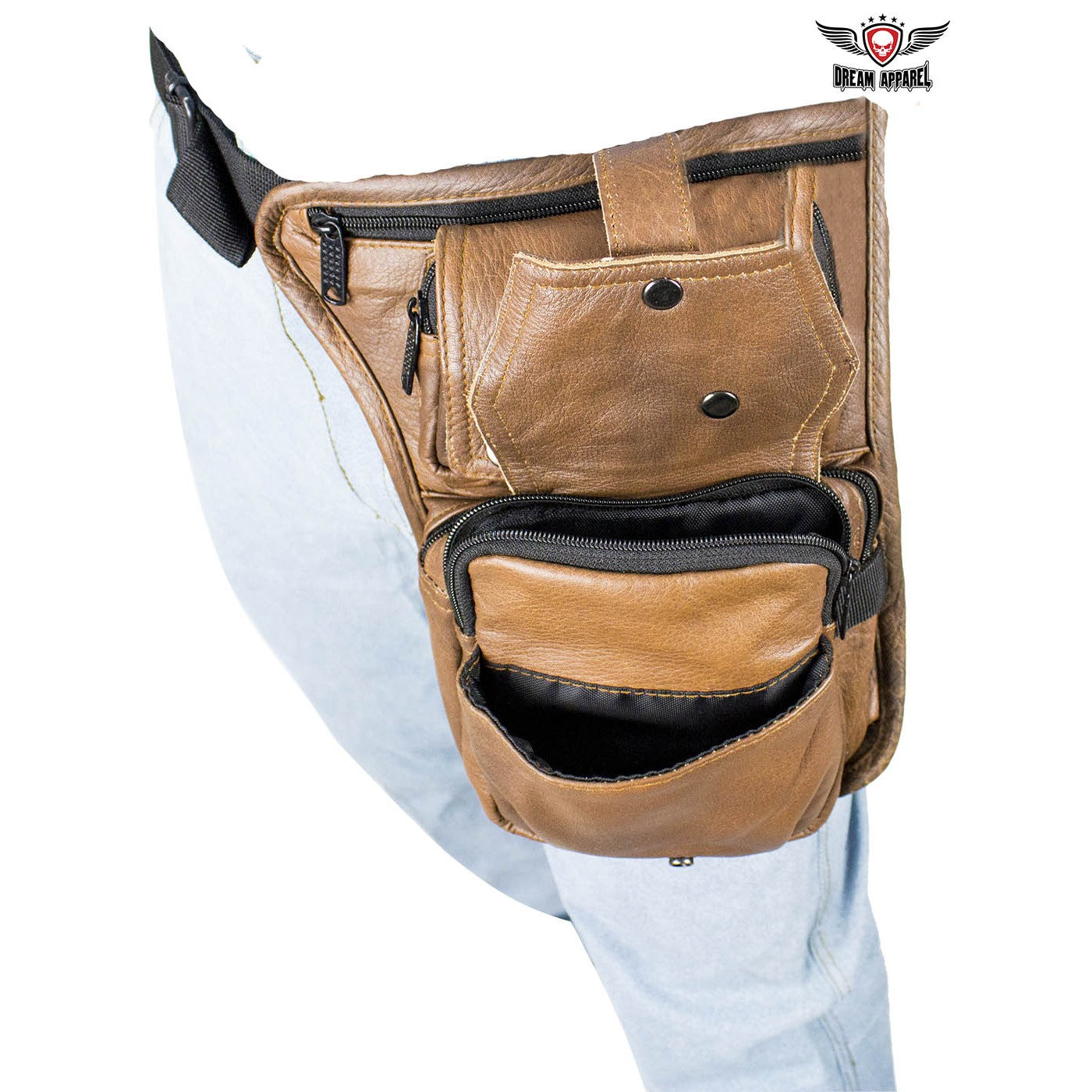 Premier Brown Leather Multi Pocket Thigh Bags with Gun Pocket