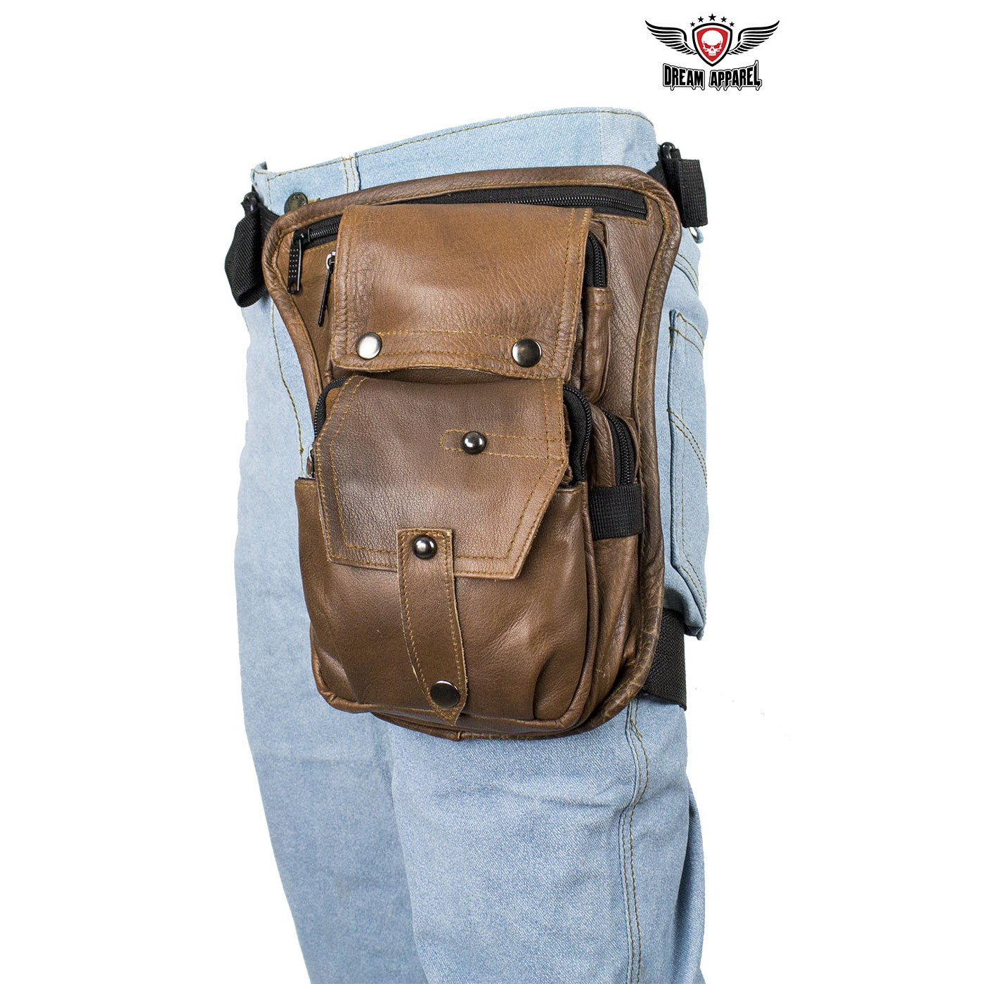 Premier Brown Leather Multi Pocket Thigh Bags with Gun Pocket