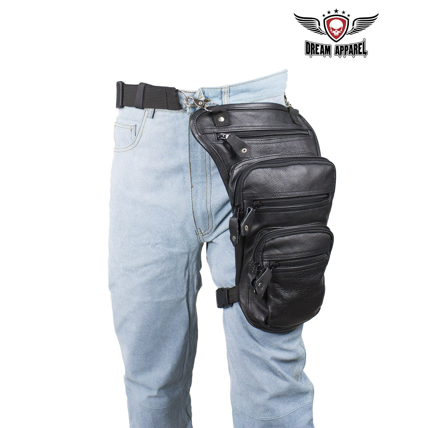 Black Naked Cowhide Leather Multi-pocket Thigh Bags