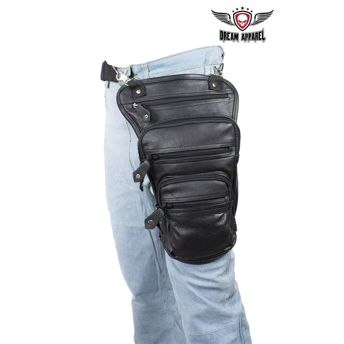 Black Naked Cowhide Leather Multi-pocket Thigh Bags