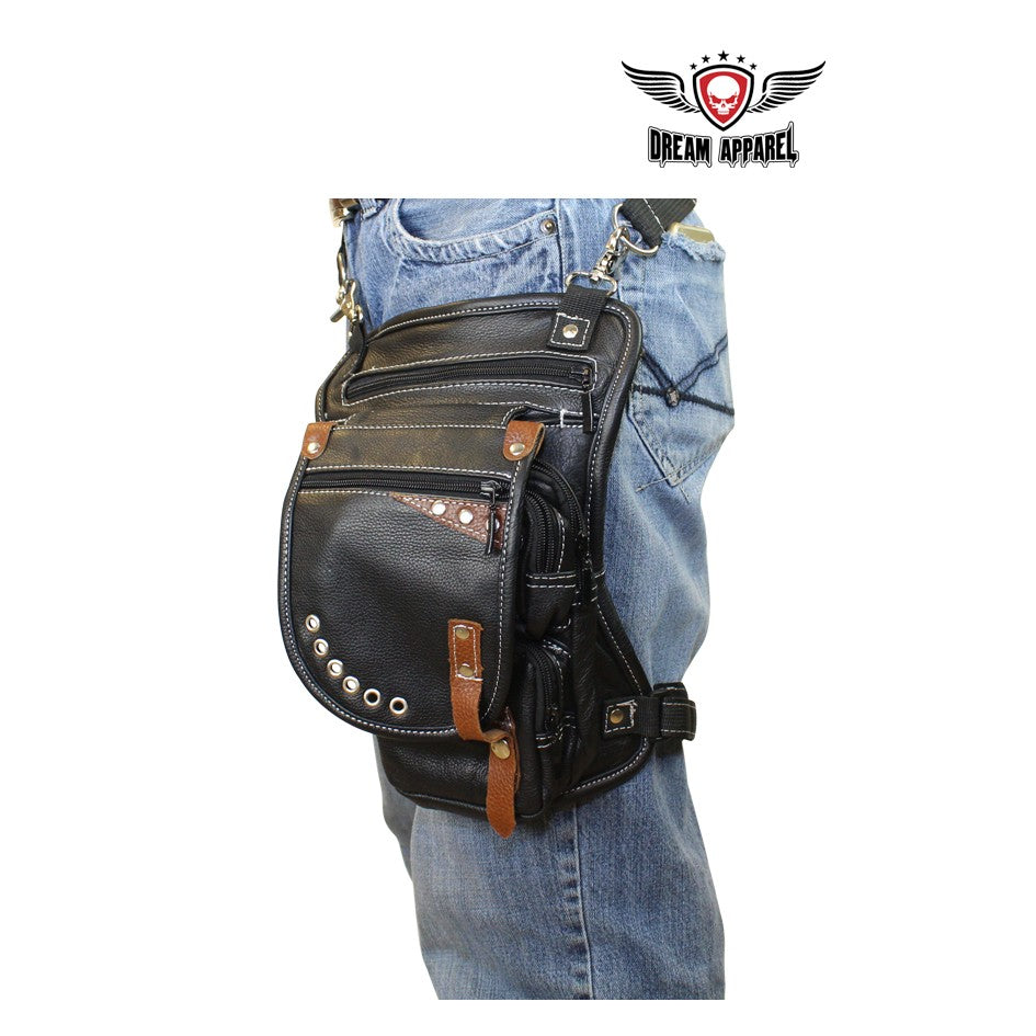 Naked Cowhide Leather Thigh Bag W/ Gun Pocket - Black & Touch Of Brown