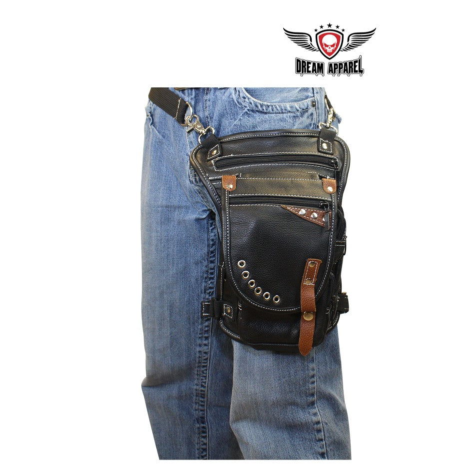Naked Cowhide Leather Thigh Bag W/ Gun Pocket - Black & Touch Of Brown