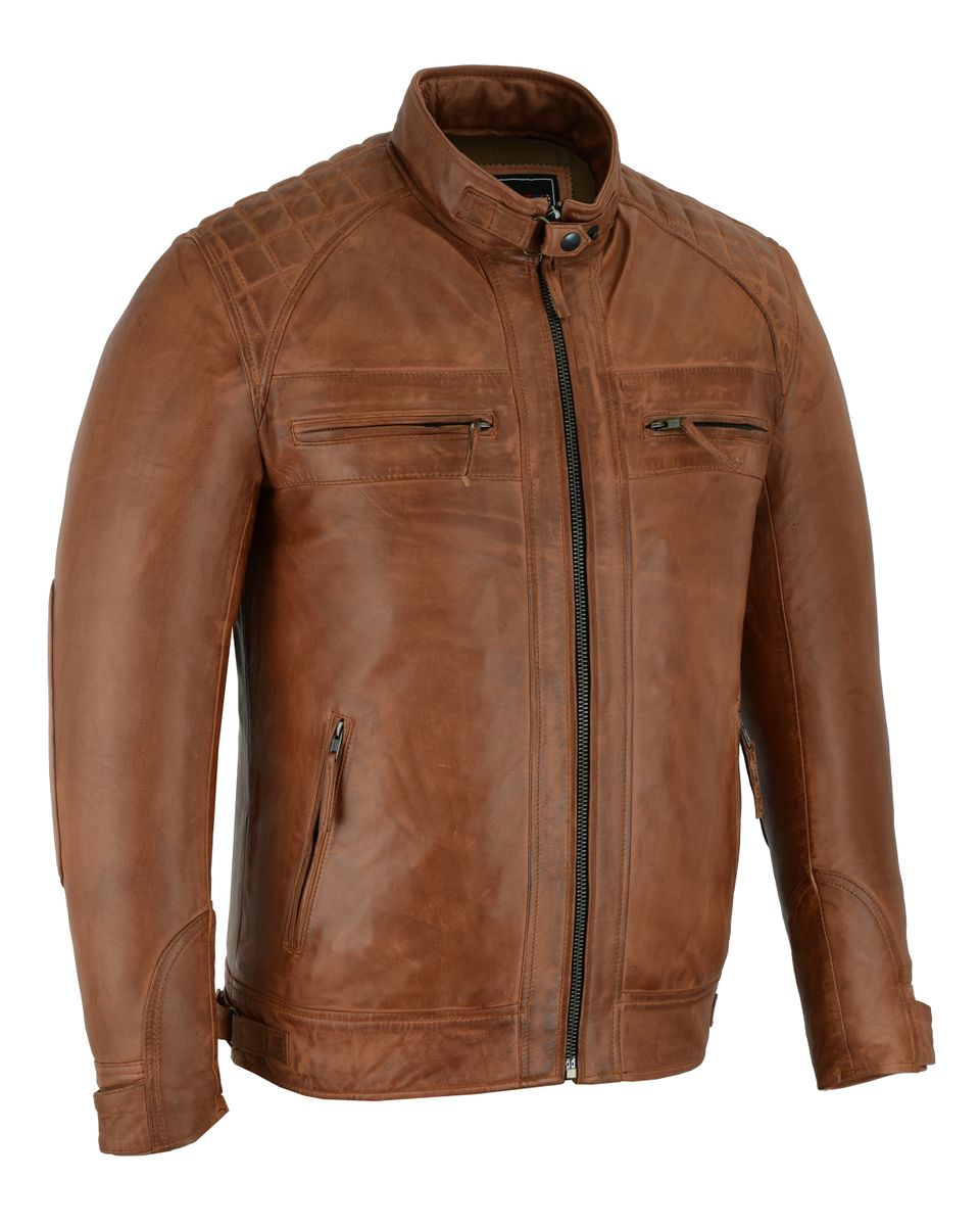 Men's Cafe Racer Waxed Lambskin Austin Brown Motorcycle Leather Jacket