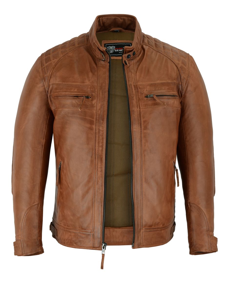 Men's Cafe Racer Waxed Lambskin Austin Brown Motorcycle Leather Jacket