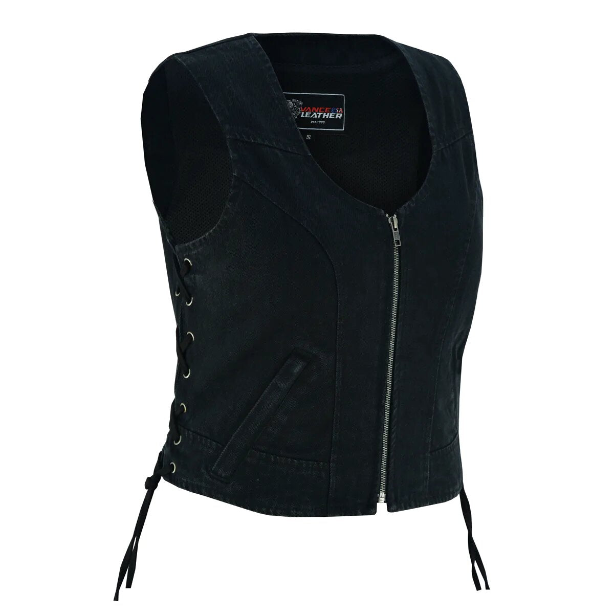 Women's Black & Blue Denim V Neck Vest with Zipper & side laces